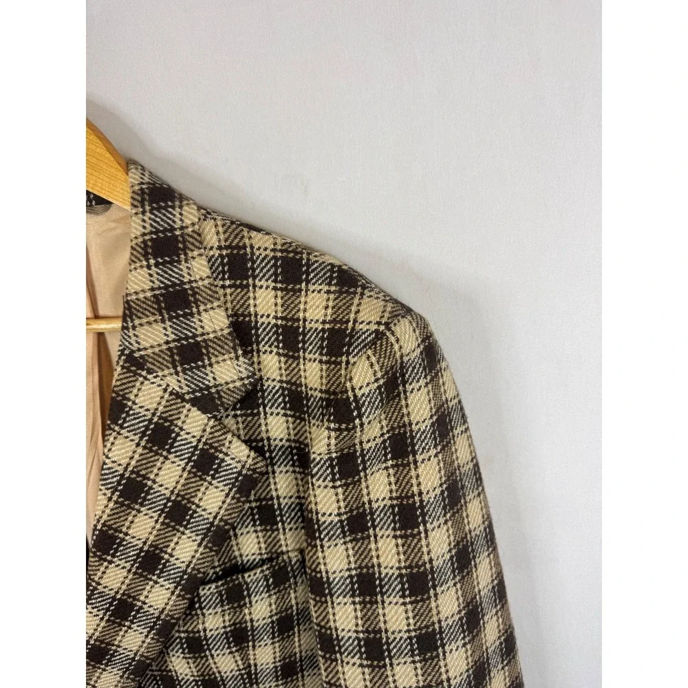 Vintage 70s Tip Top Wool Blend Plaid Blazer Sport Coat Brown Cream 44 Reg